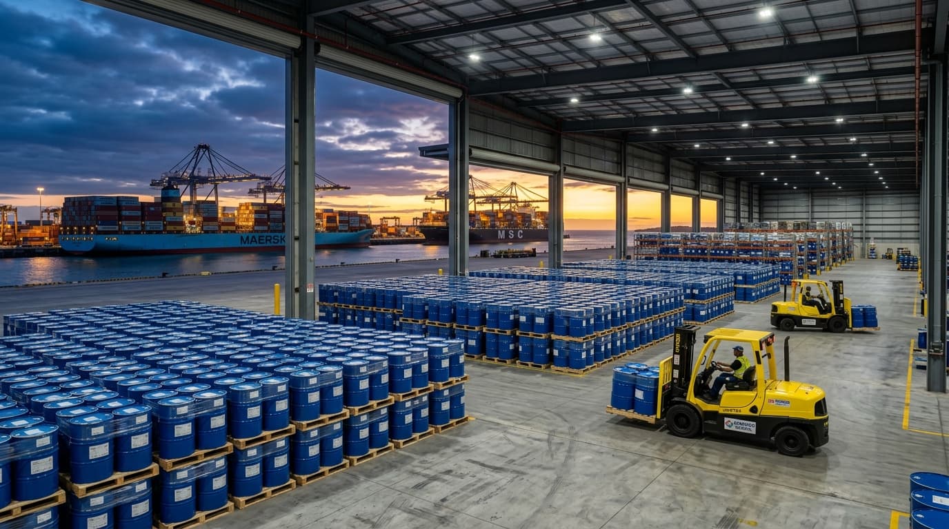 Drums of chemicals staged in a port-side warehouse, ready for dispatch